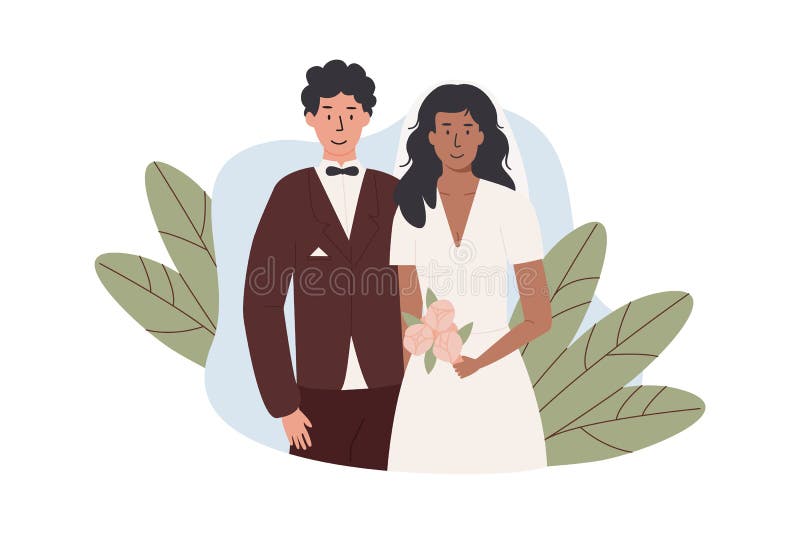 En blombukett med grov och brud. Gift par mellan raserna. Nyfödda par av man och kvinna. romantisk royaltyfri illustrationer