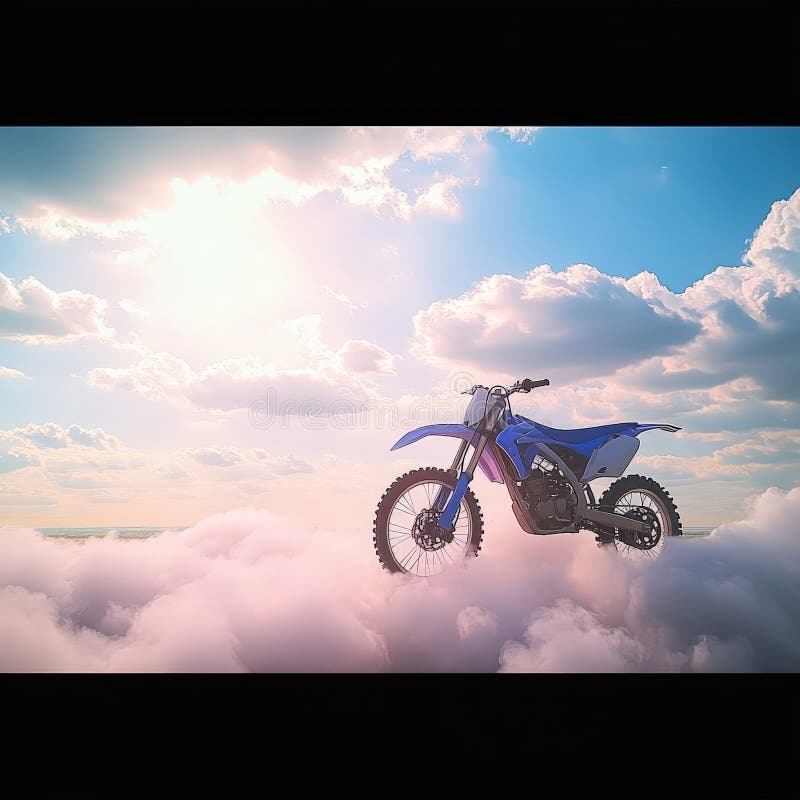 En blå motorcykel som flyter mellan molnen under solljus symboliserar frihet och äventyr i ett fantasifullt landskap royaltyfri illustrationer