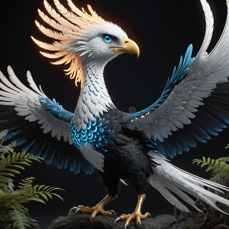 En blåögd vit- och svartfoenix med sina fjädrar från ett mjukt royaltyfri illustrationer