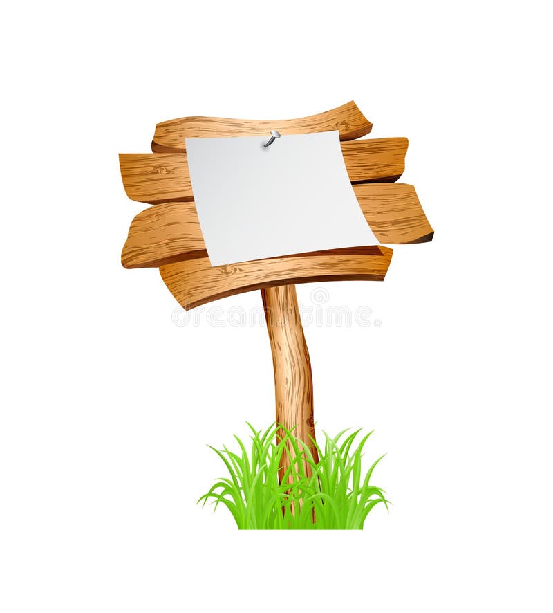 Wooden sign in grass isolated on white background. Vector illustration. Wooden sign in grass isolated on white background. Vector illustration