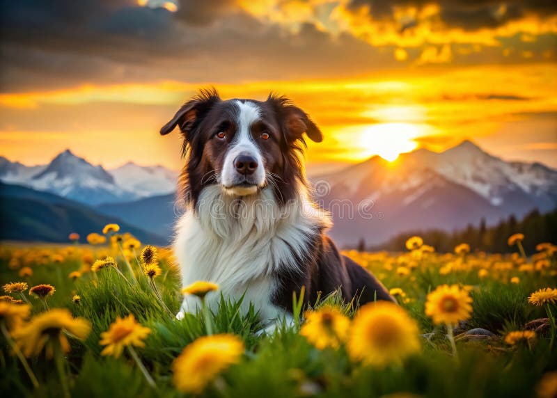 En Border Collie återhämtar sig i vårens famn i Pyrenéerna i skymningen, omgiven av livfulla maskrosor vektor illustrationer