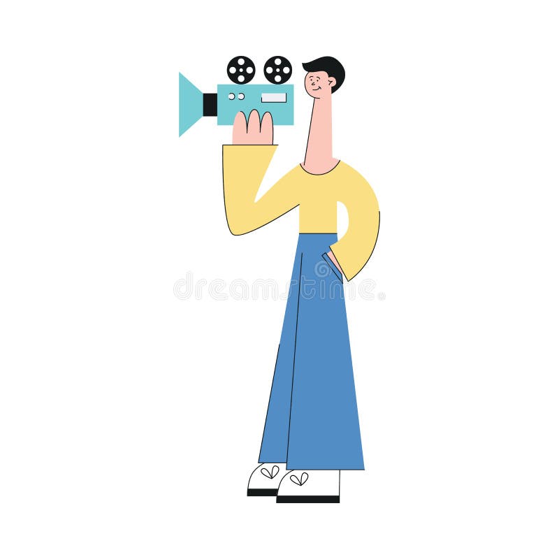 En brunettman gör en video eller en film med kameran, plan illustration för vektor vektor illustrationer En brunettman gör en video eller en film med kameran, plan illustration för vektor vektor illustrationer