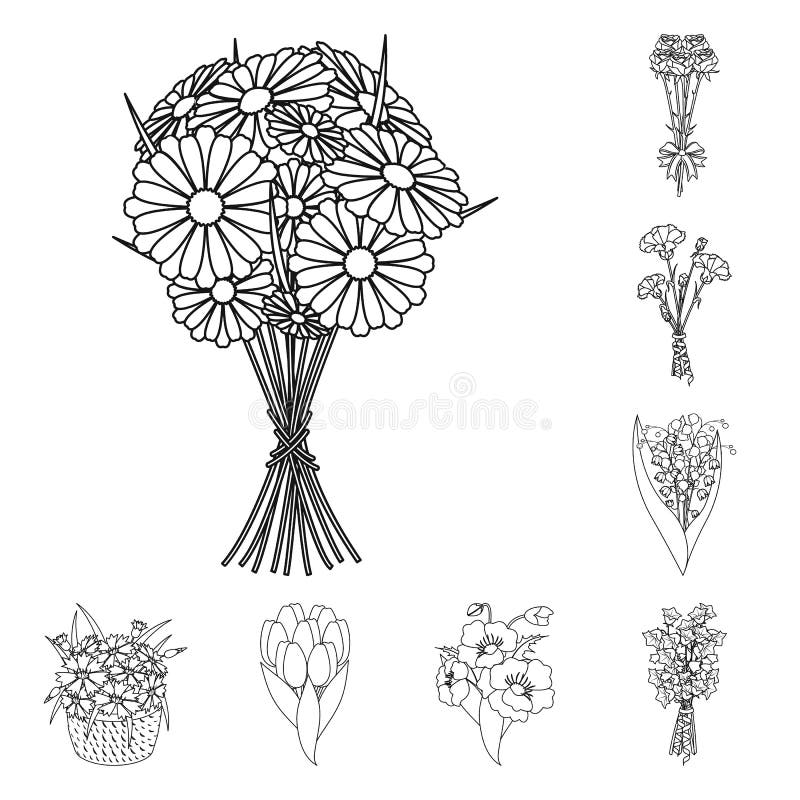 En bukett av nya blommor skisserar symboler i uppsättningsamlingen för design Olik rengöringsduk för materiel för bukettvektorsym vektor illustrationer