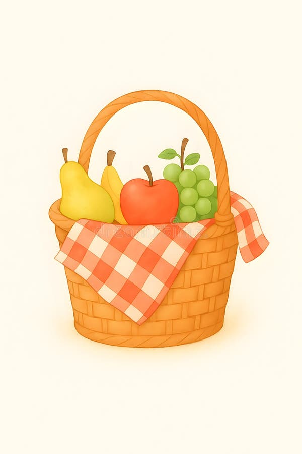 En charmerande bild av picknickkorgen fylld med färglösa frukter på vit bakgrund stock illustrationer