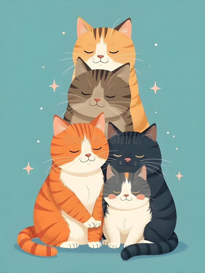 En charmerande illustration som skildrar en stapel av vackra sovande katter med färgstark päls mot en blå bakgrund vektor illustrationer