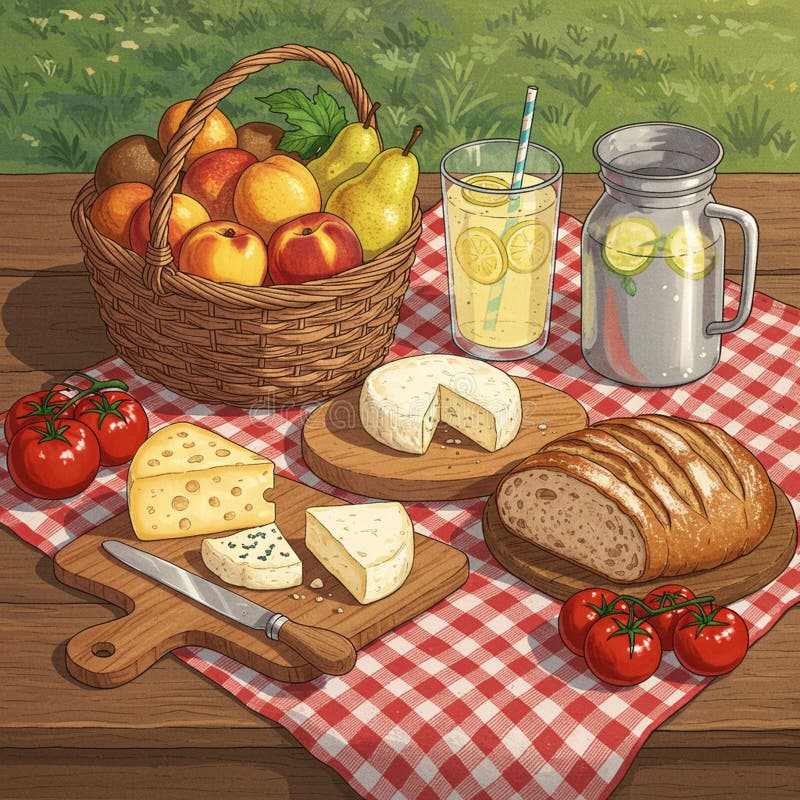 En charmerande picknickscen på en rödvit, kontrollerad trasa. Korgspill med stock illustrationer