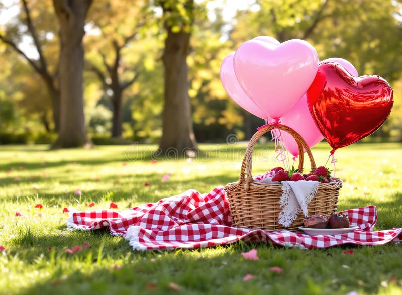 En charmerande picnic arrangeras på ett grassområde för Valentines Day. En charmerande picnic är arrangerad på ett grassområde för Valentines Day med en korg fylld med jordgubbar, hjärtformade ballonger och en trevlig filt. Ljusfilter genom träden.