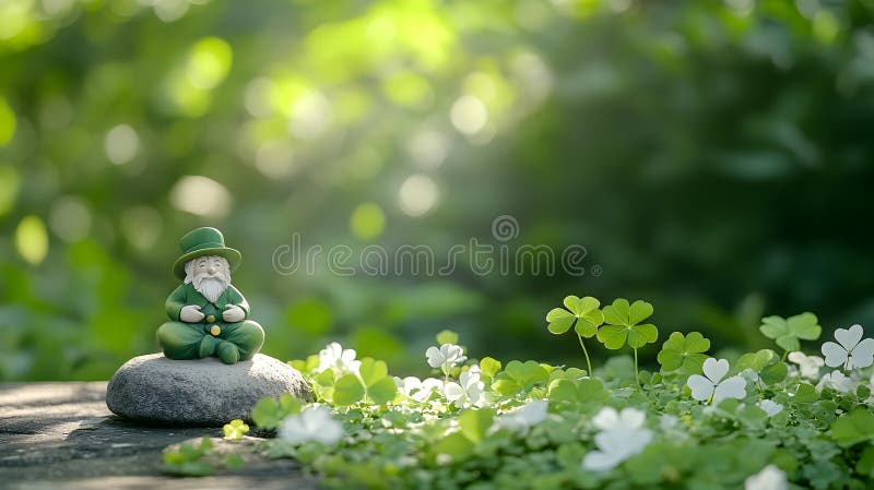 En charmerande utomhusscen med en liten leprechaun-staty bland lush-gröna schaktor och solljus perfekt för fotografering för bildbyråer