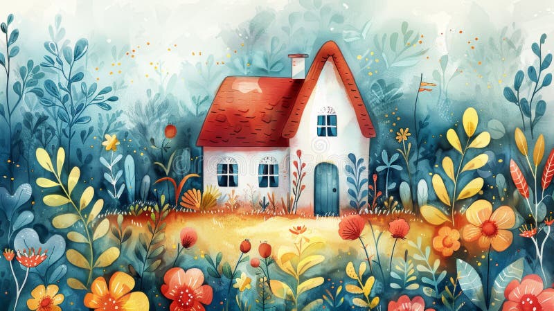 En charmerande vit beläggning med ett rött tak inhägnat i en vibrerande blomsterträdgård stock illustrationer