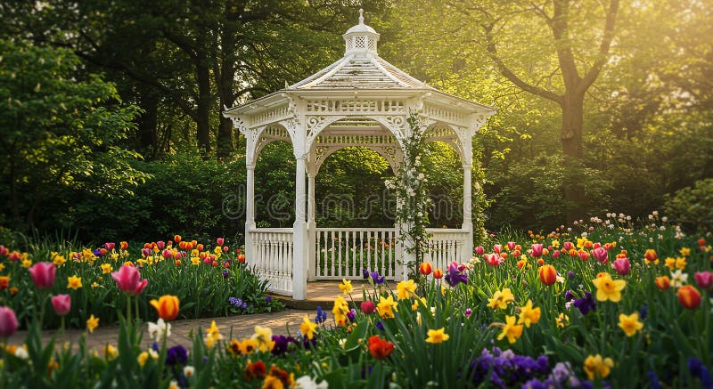 En charmerande vit gazebo står i en färglös trädgård fylld med vibrerande tulpaner och stock illustrationer