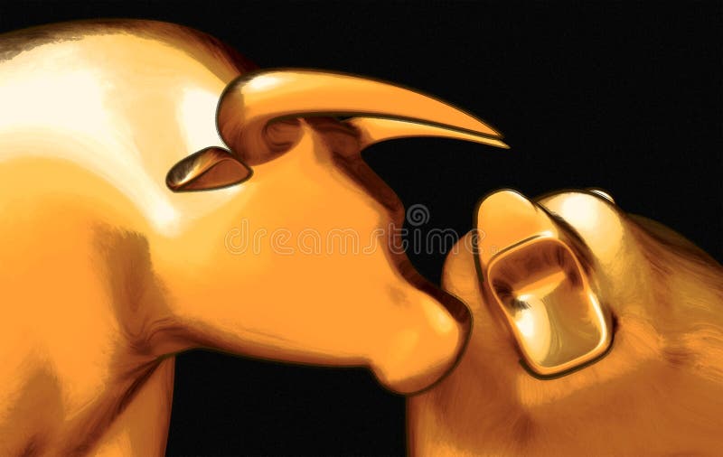 En closeupillustration av en stiliserad tjur som motsätter en björn som föreställer finansmarknadtrender på en isolerad mörk bakg stock illustrationer