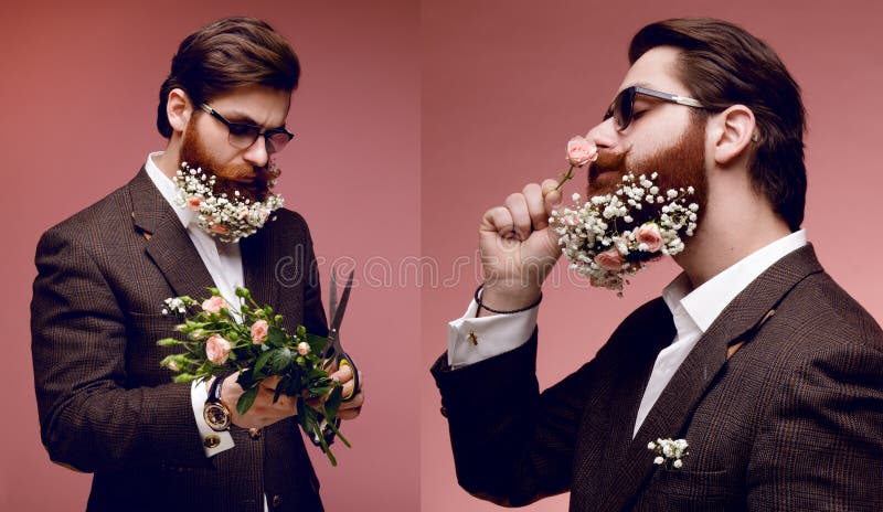 En collage med den attraktiva skäggiga mannen i solglasögon och dräkt, med blommor i skäggigt, isolerat på rosa bakgrund arkivbild En collage med den attraktiva skäggiga mannen i solglasögon och dräkt, med blommor i skäggigt, isolerat på rosa bakgrund arkivbild