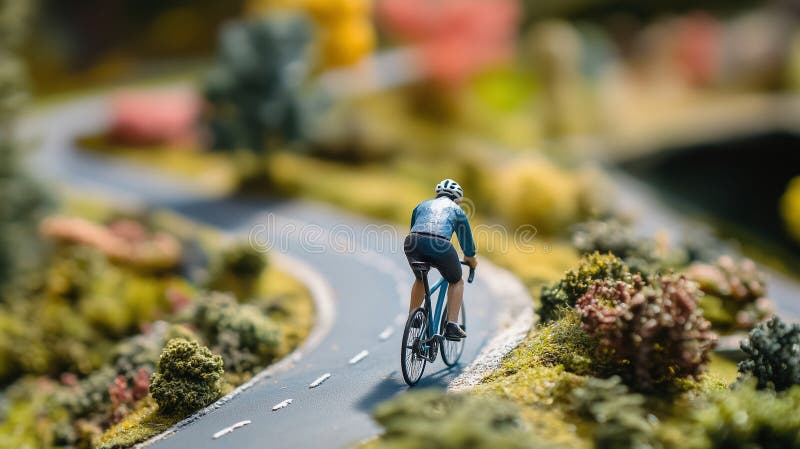 En cyklist i miniatyr längs en lindad väg omgiven av en detaljerad modell av grön stock illustrationer