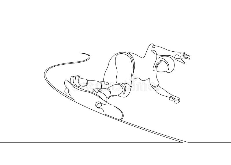 En den fortlöpande singeln dragen linje, grabbskateboradåkaren, teckenet åker skridskor på en skateboard stock illustrationer