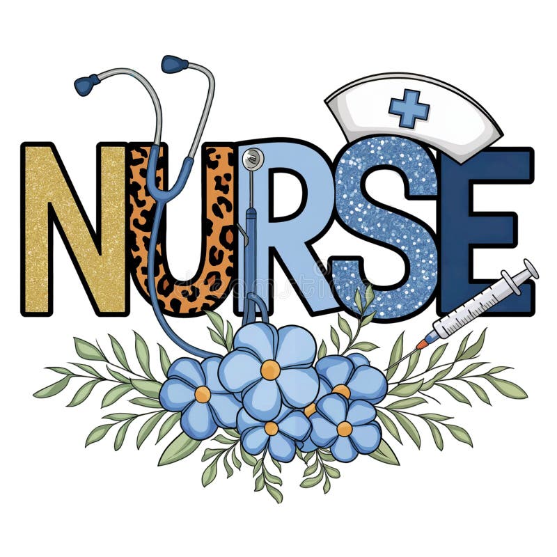 En design visar ordet NURSE med varje bokstav unik formaterad, inklusive ett stetoskop och ett sjukhushölje stock illustrationer