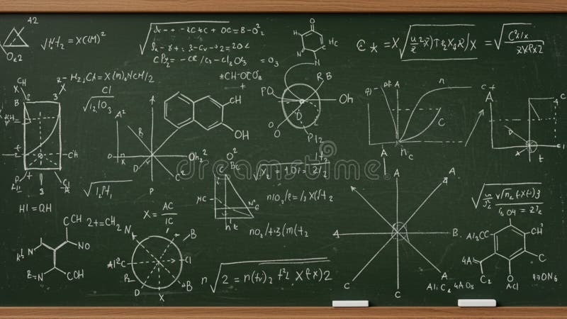 En detaljerad bild av en kartong som är tätt fylld med olika matematiska och kemiska noteringar vektor illustrationer