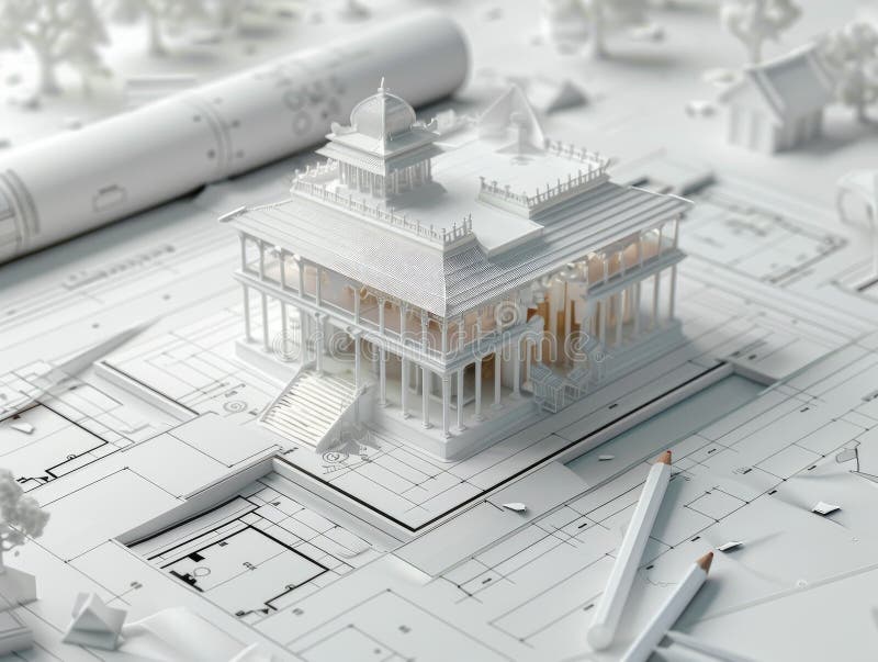 En detaljerad modell av ett hus sitter på en framträdande plats ovanpå en ritning royaltyfri illustrationer