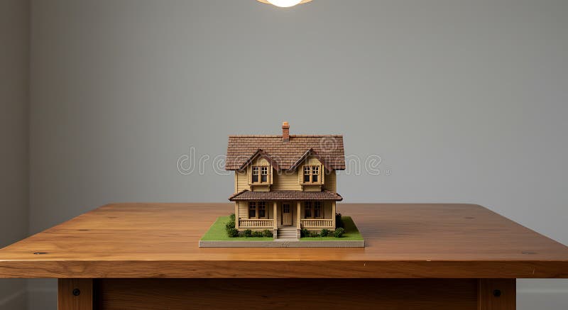En detaljerad modell av ett tvåvåningshus sitter på ett träbord. Husets egenskaper vektor illustrationer