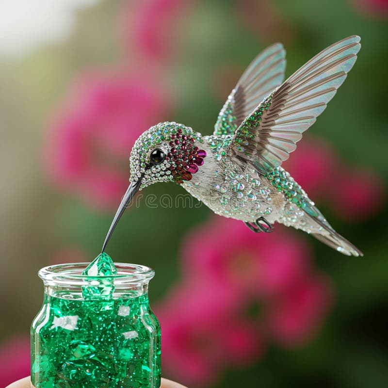 En detaljerad modell av en hummingbird visas med färgstenar stock illustrationer