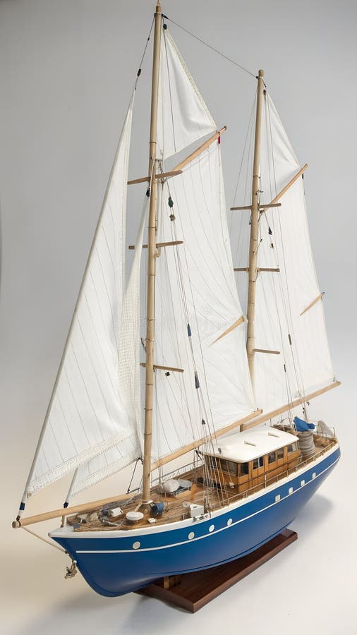En detaljerad modell av en segelbåt med vit segel och blått skrov. utformad för fritid. royaltyfri illustrationer