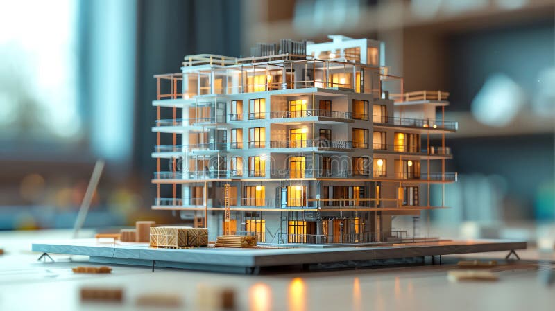 En detaljerad modell för en modern lägenhetshus med ljus för att representera stadens boende och utveckling stock illustrationer