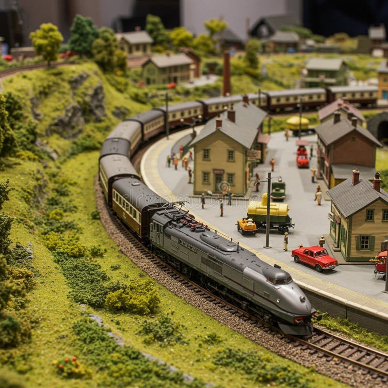 En detaljerad modell för tågets utformning har ett sliek silver-lok som drar en serie bilar stock illustrationer