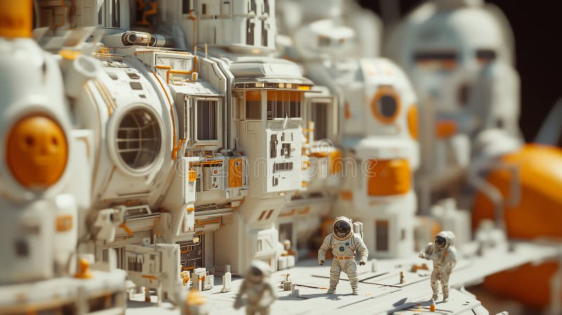 En detaljerad modell visar en futuristisk månbas med astronauter med rymdartiklar. stock illustrationer