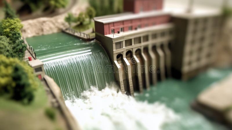 En detaljerad modell visar en hydroelektrisk fördämning med kaskadvatten över en spillväg royaltyfri illustrationer