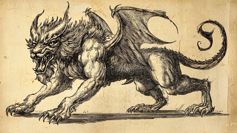 En detaljerad ritning av en mytisk griffin-varelse royaltyfri illustrationer