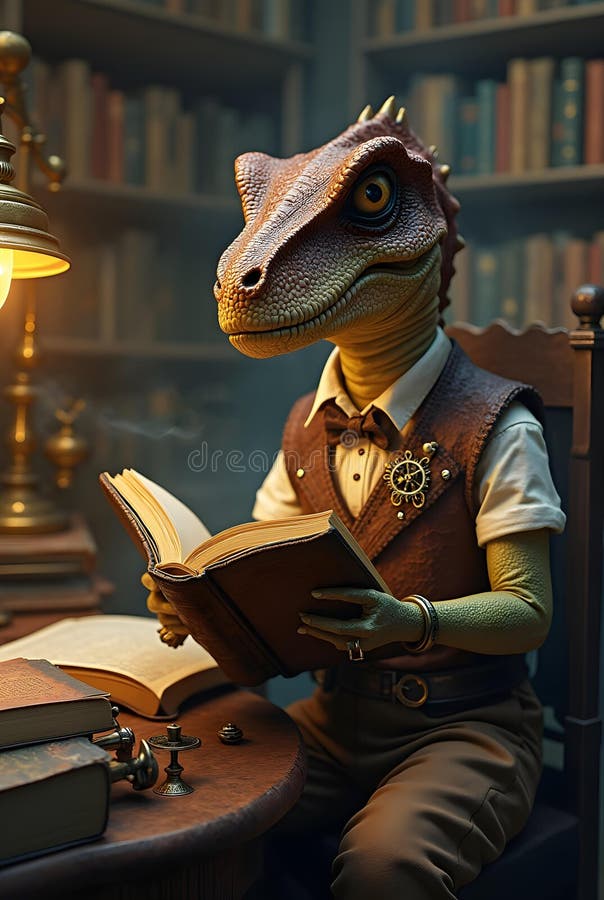 En dinosaurie klädd i scholarly attivite läser en bok i ett lätt belyst bibliotek stock illustrationer
