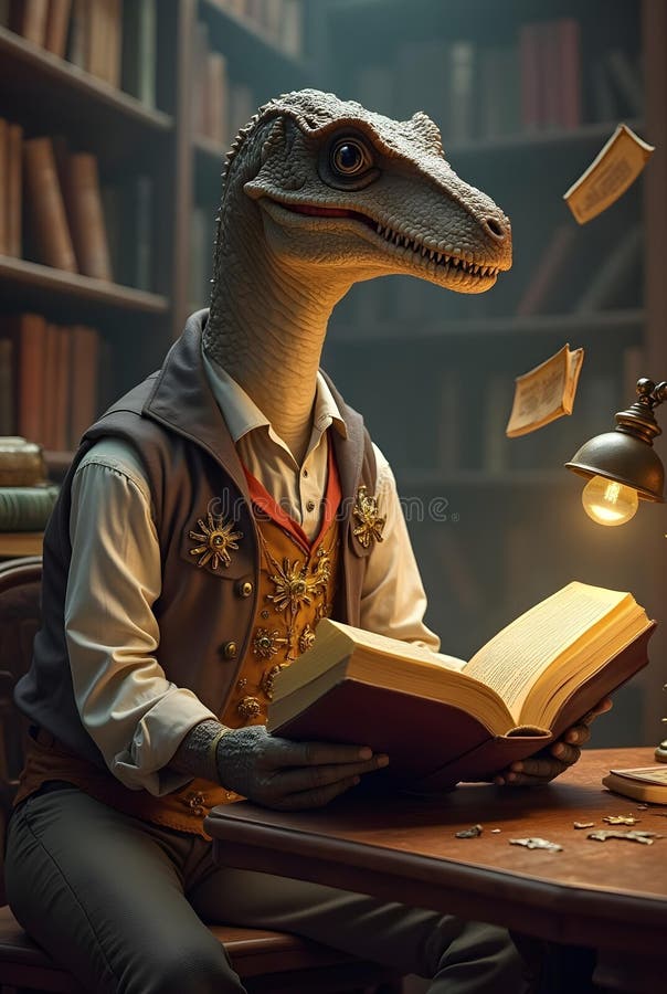 En dinosaurie klädd i scholarly attivite läser en bok i ett lätt belyst bibliotek royaltyfri illustrationer