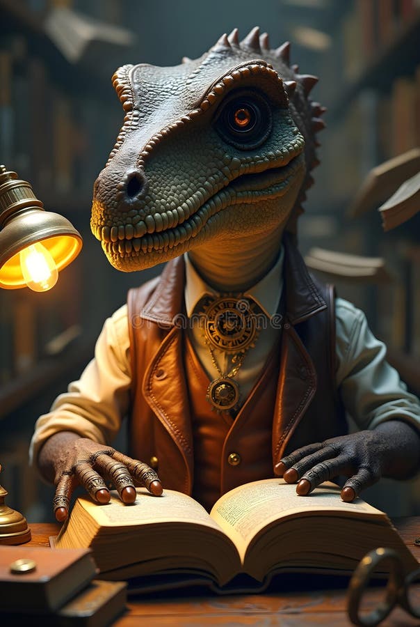 En dinosaurie klädd i scholarly attivite läser en bok i ett lätt belyst bibliotek vektor illustrationer