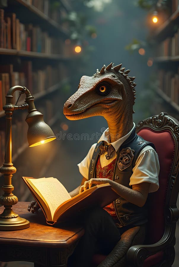 En dinosaurie klädd i scholarly attivite läser en bok i ett lätt belyst bibliotek stock illustrationer