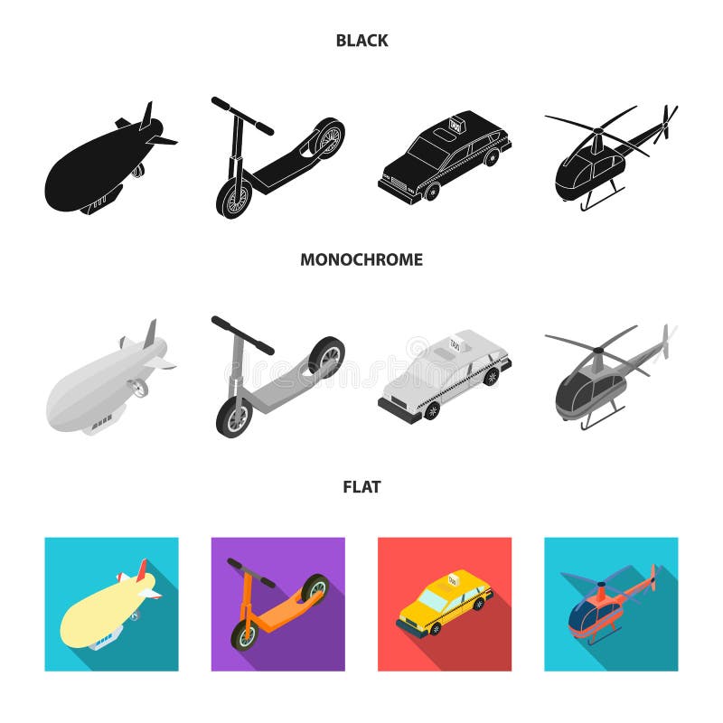 En dirigible, en barnsparkcykel, en taxi, en helikopter Transportera fastställda samlingssymboler i svart, lägenheten, monokrom s stock illustrationer En dirigible, en barnsparkcykel, en taxi, en helikopter Transportera fastställda samlingssymboler i svart, lägenheten, monokrom s stock illustrationer