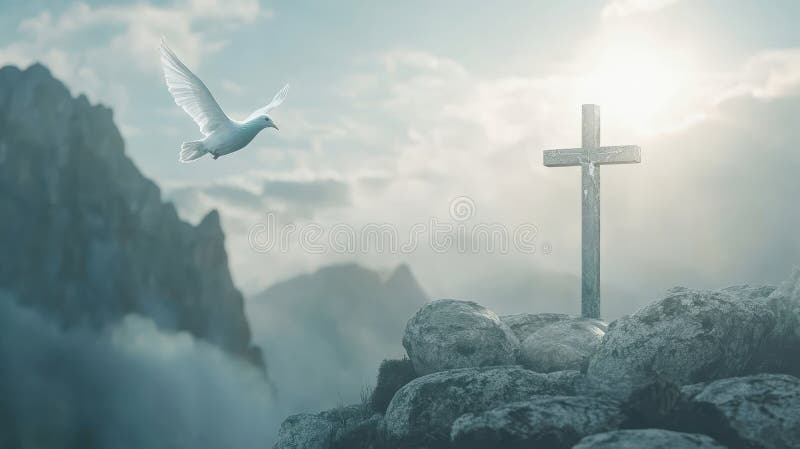En dramatisk bild av ett kristet kors som står på ett bergsområde omgivet av mist och moln som symboliserar tro och fotografering för bildbyråer