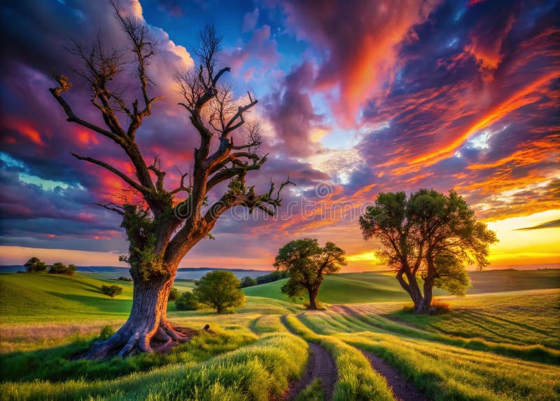 En Dreamlike Barry County Sunset Twisted Trees and Fields Paint a Surreal Canvas under ett Vibrant Sky stock illustrationer