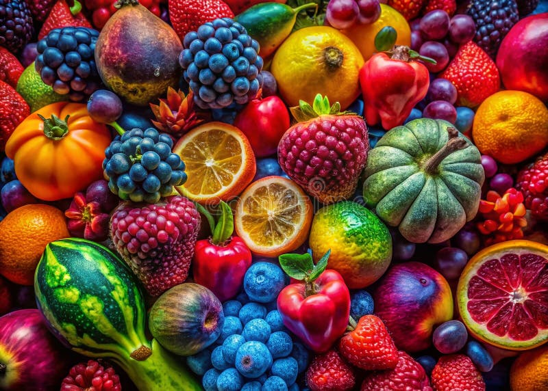 En Dreamlike still Life Exploring the Exotic and the Abstract in a Surreal Fruit Arrangement vektor illustrationer