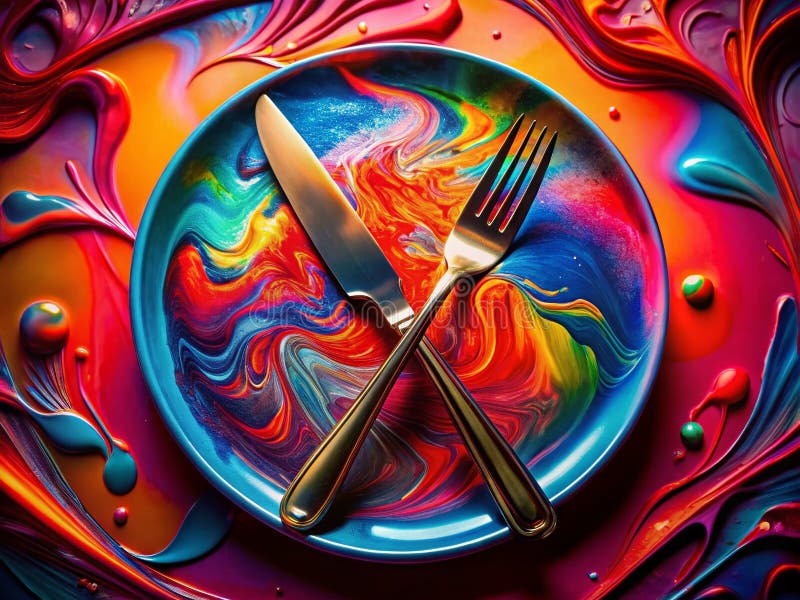 En Dreamlike still Life Exploring the Surreal Beauty of Red in a Fork Knife and Plate Arrangement vektor illustrationer