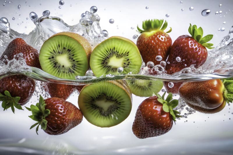 En Dreamlike still Life Floating Kiwi Jordgubbar och druvor i en Whimsical Surreal Photography Display stock illustrationer