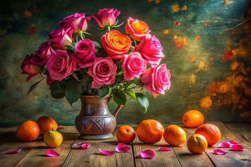 En Dreamlike still Life Pink Roses och Juicy Oranges i en halvslug vase A Surreal Exploration of Color vektor illustrationer
