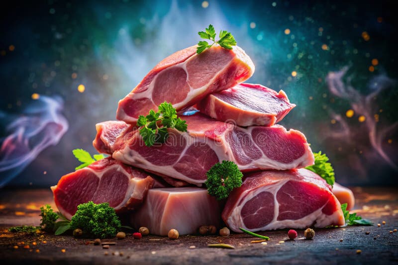 En Dreamlike still Life Raw Pork Chops i en Uncanny Imaginative Setting som utforskar surreal genom kulinariskt bildande vektor illustrationer