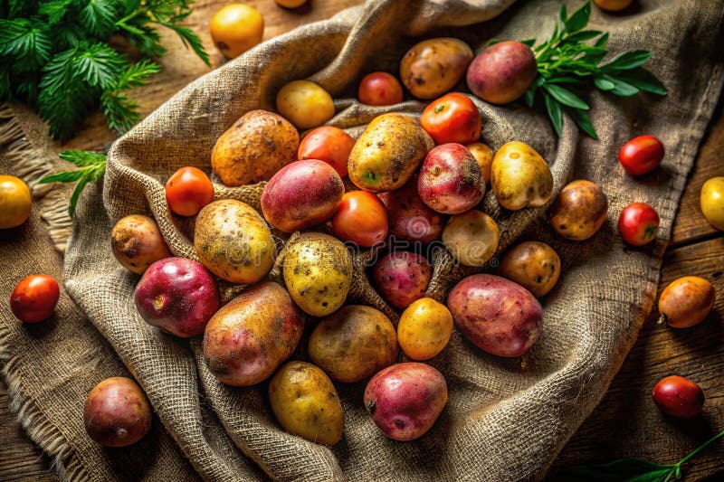 En Dreamlike still Life Rustic-potatis på Linen a Stunning Gourmet Food Photography Print for Your Home vektor illustrationer