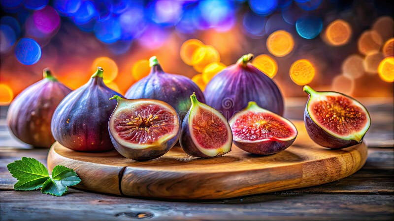 En Dreamlike still Life Surreal Sliced Figs on a Rustic Wooden Board Vibrant Abstract Fruit Art for a royaltyfri illustrationer
