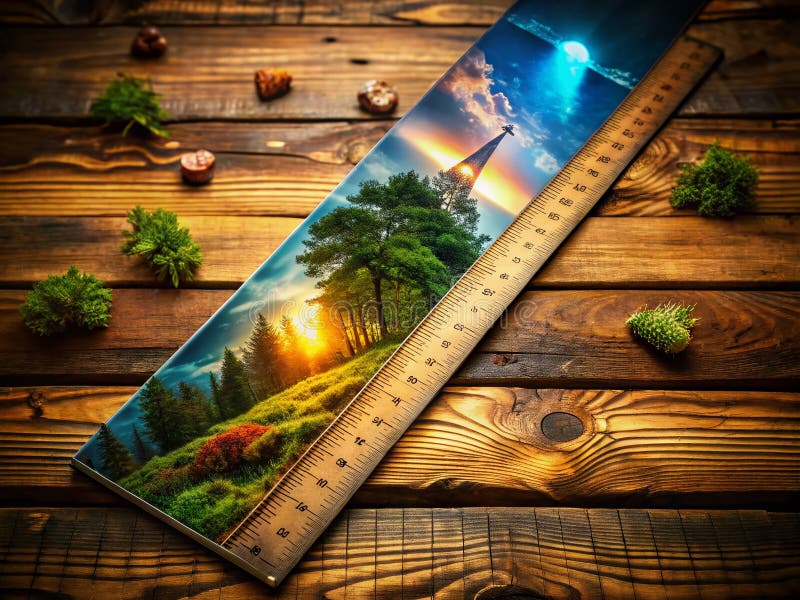 En Dreamlike still Life A Surreal Wooden Ruler på ett Rustit bord där verklighet och fantasi intertwine in stock illustrationer