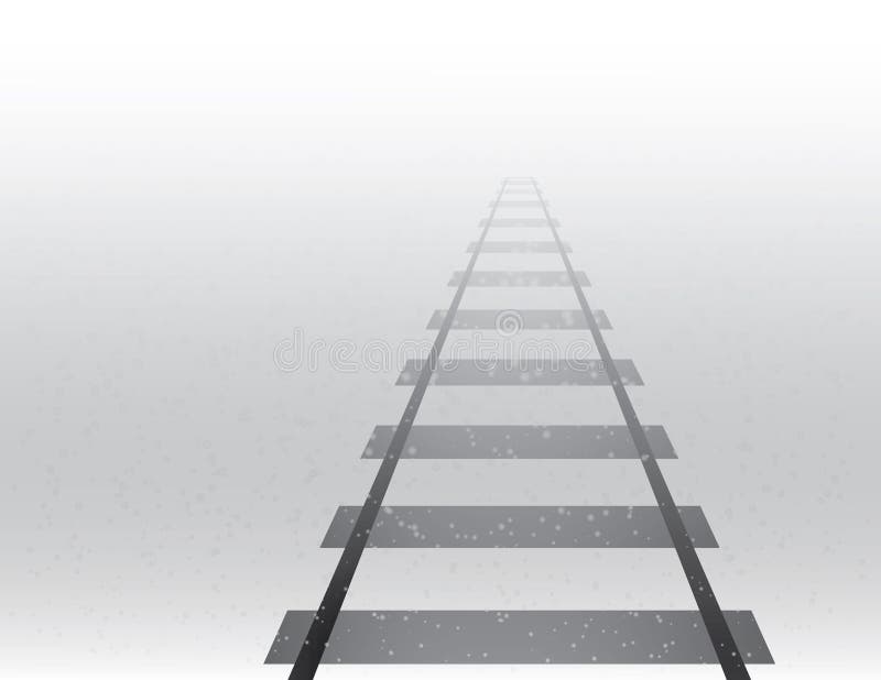 En drevspårväg för att resa som är långdistans- på dimmigt och snöig väder i illustration för vintersäsongvektor stock illustrationer