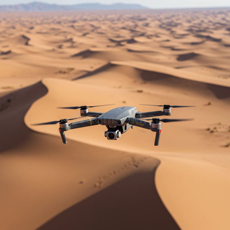 En dronhovring över vidsträckta ökendyner som sannolikt kommer att drabba Sahara. Dronen med fyra rotorer och royaltyfri illustrationer