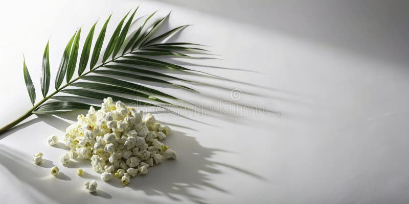 En drömliknande, fortfarande livstids surrealistisk, minimalistisk, vit fotografi med popcorn Palm Leaves och Abstract Forms stock illustrationer