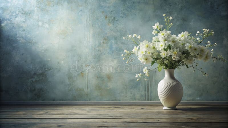 En drömliknande stillastående, levande keramiskt vas med vita blommor mot en blek blå mur som fångas in i konstnärliga verk royaltyfri illustrationer
