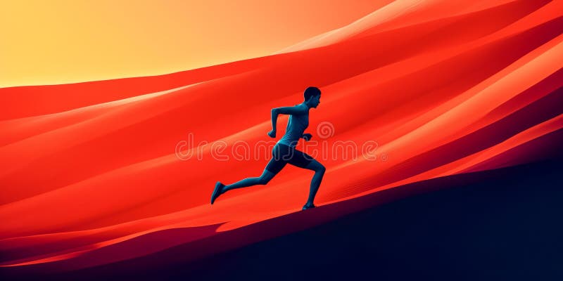 En dynamisk löpare som avbildas i midsprint mot en abstrakt bakgrund av röda vågor eller sanddyner illustreras i minimalistiska vektor illustrationer