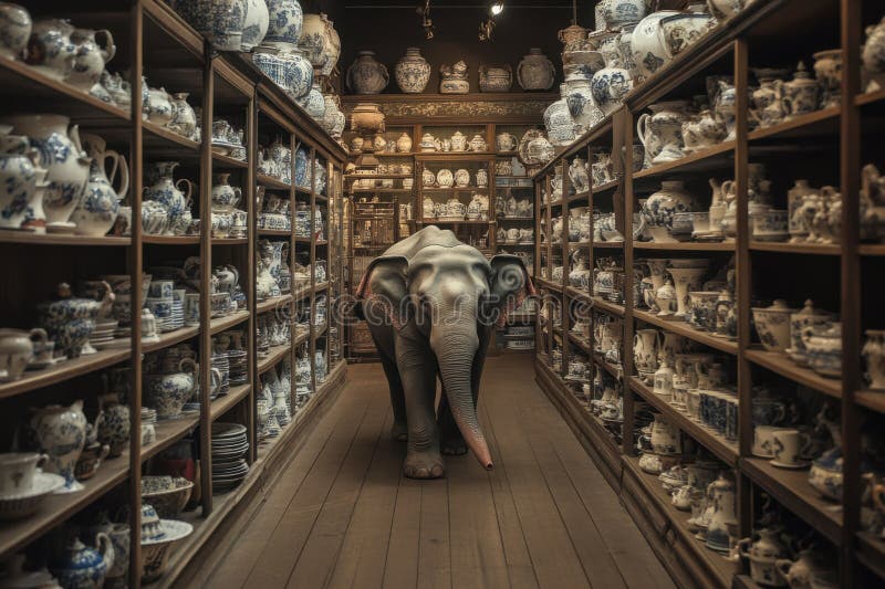 En elefant som försiktigt navigerar genom smala aisler invändigt med delikat porslin i ett antikaffär stock illustrationer